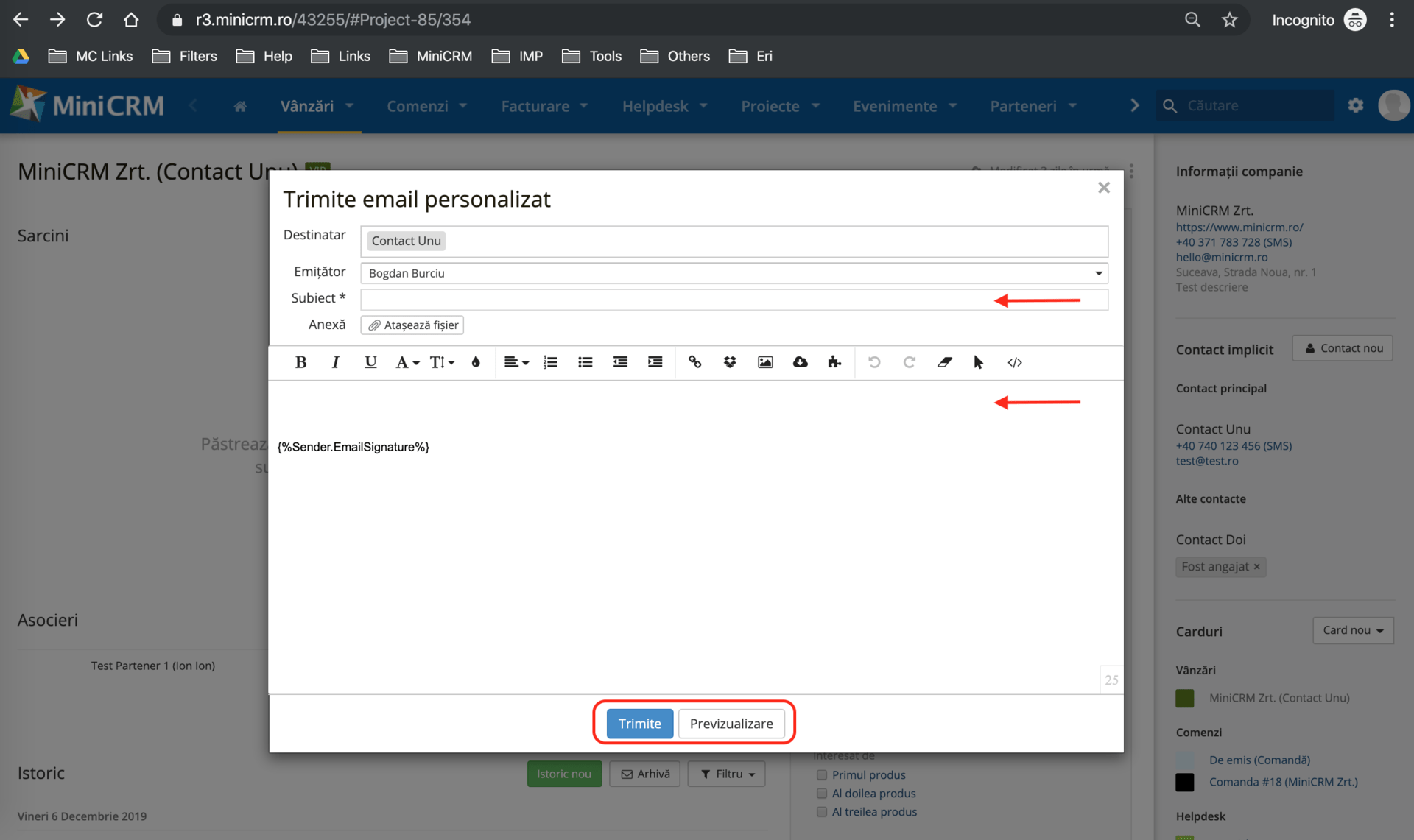 Trimiterea unui email/SMS personalizat - Documentație online MiniCRM